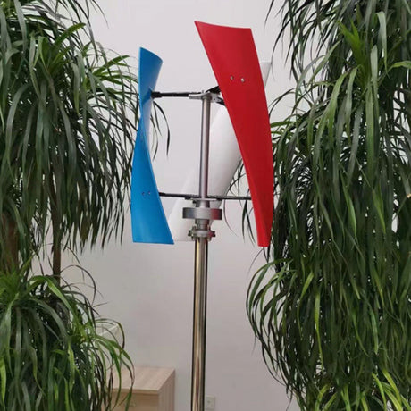X-series helical turbine with blue, white and red blades on a polished pole between indoor palms - supplier colour sample; BushLine stocks white.
