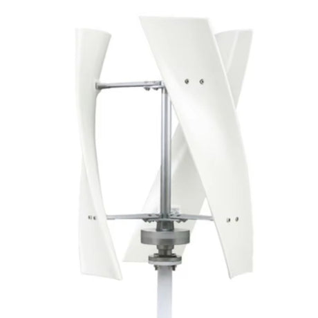 Studio shot of the white X-300 three-blade helical vertical-axis turbine on a short pole stub, plain white background.
