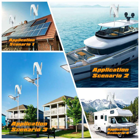 Four application scenes showing the turbine on a house roof, a motor yacht, street lighting poles and a motorhome