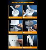 Six-step installation sequence: upper blade support, blade brackets, lower brackets, flange screws, blade screws, complete