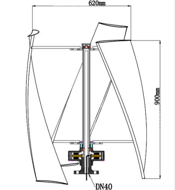 Supplier dimension drawing of the rotor, marked 620 mm across and 900 mm tall on a DN40 mast fitting