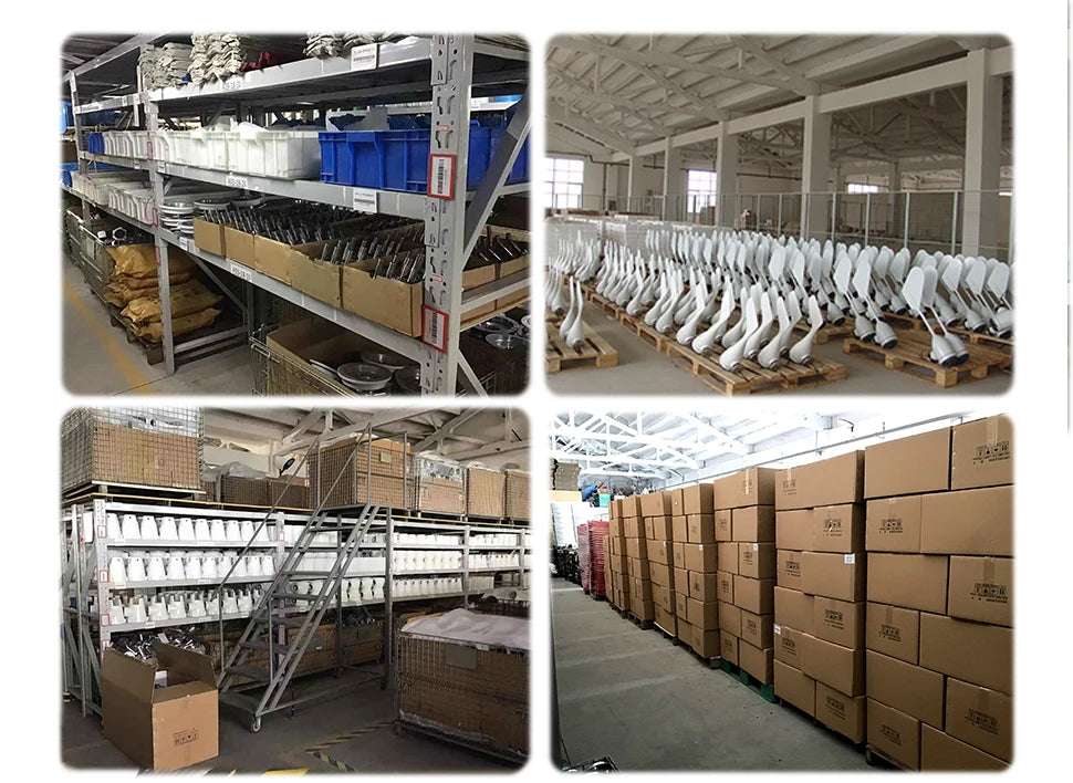 Four factory photos: parts shelving, rows of finished blades on pallets, hub stock and packed cartons ready to ship