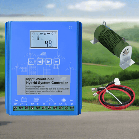 Blue MPPT wind and solar hybrid controller with LCD, labelled terminal strip, green dump load resistor and battery leads