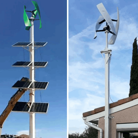 Two installed examples: a turbine above stacked solar panels on a tall mast, and one pole-mounted beside a house