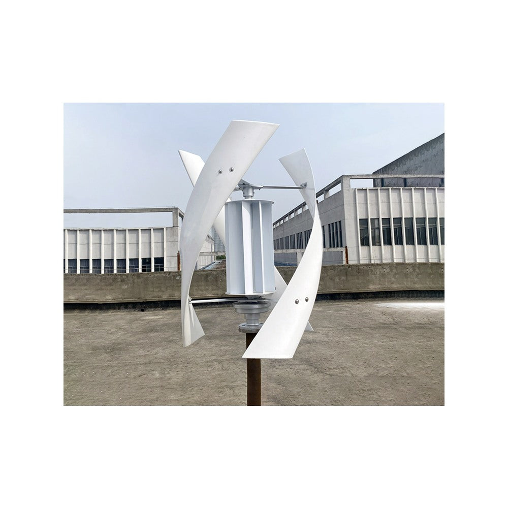 White helical vertical-axis turbine with central drum rotor on a flat rooftop - representative X-series family photo