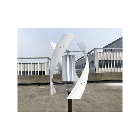 White helical vertical-axis turbine with central drum rotor on a flat rooftop - representative X-series family photo
