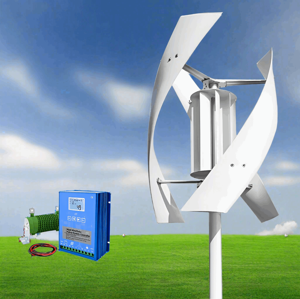 Vertical-axis turbine on a mast in a grass field, shown beside the blue MPPT controller, dump load and battery leads
