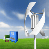 Vertical-axis turbine on a mast in a grass field, shown beside the blue MPPT controller, dump load and battery leads
