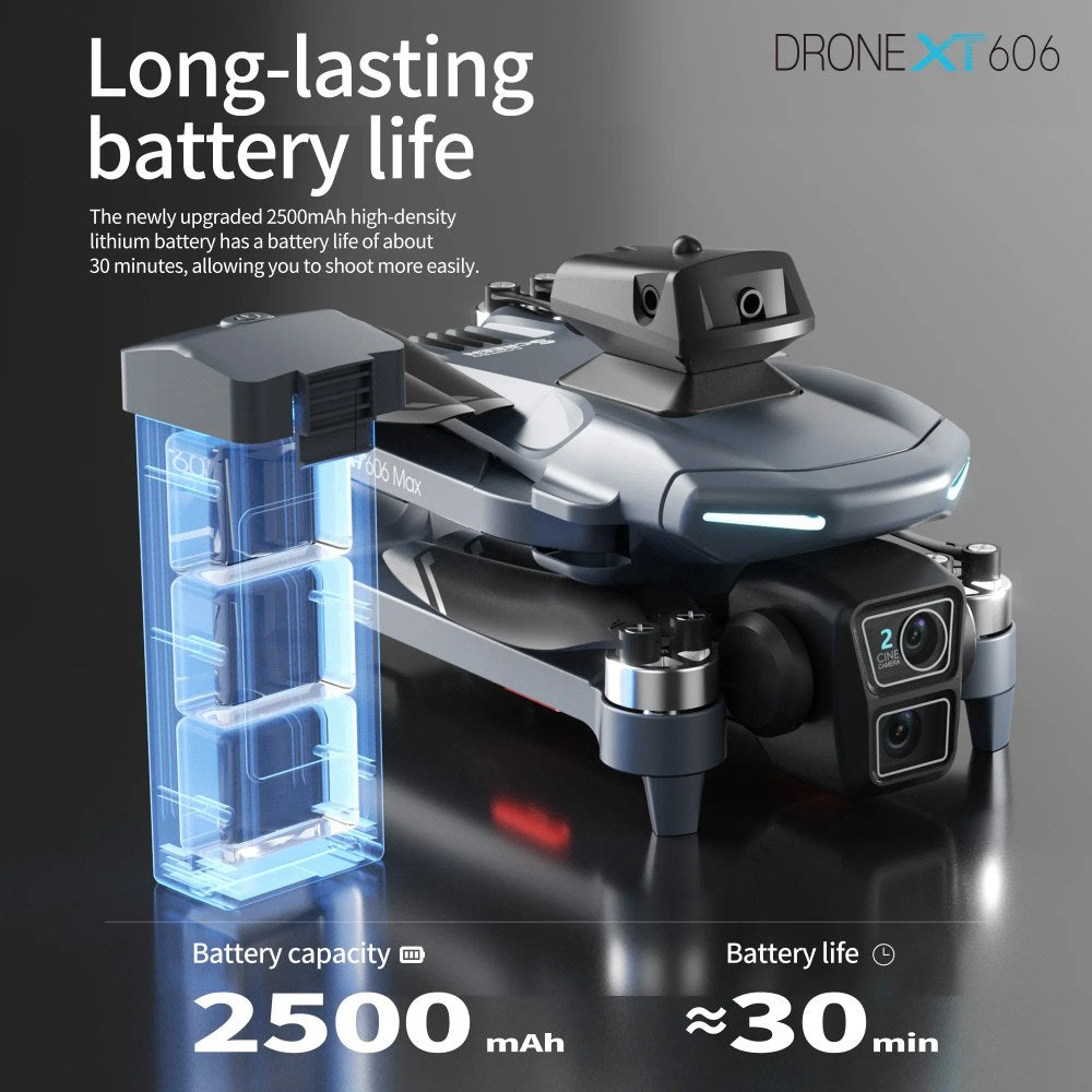 XT606 drone with its 2500 mAh flight battery shown beside it