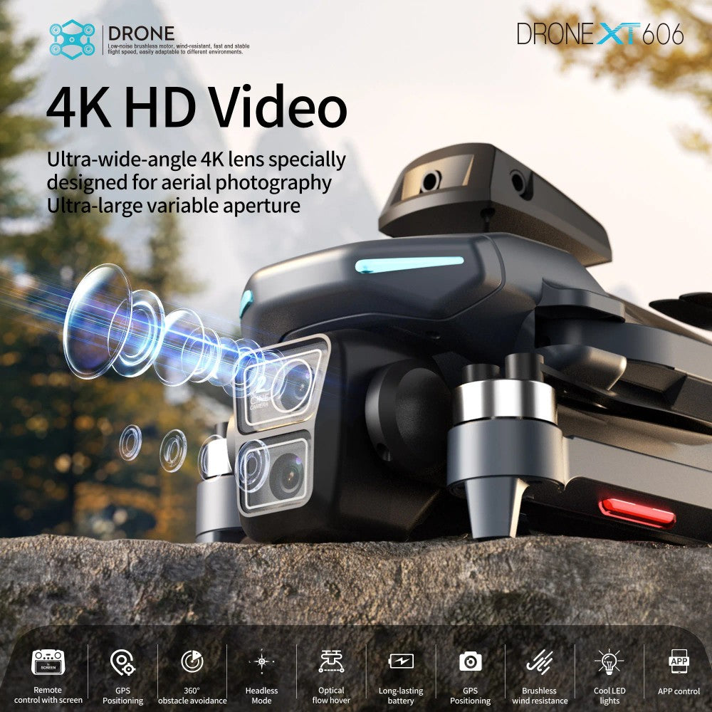 Close-up of the XT606's dual front camera, the maker's picture captioned 4K HD Video, with its feature icons: screen remote, GPS, 360° obstacle avoidance, headless mode, optical flow hover, battery, brushless motors, LED lights and app control
