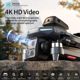 Close-up of the XT606's dual front camera, the maker's picture captioned 4K HD Video, with its feature icons: screen remote, GPS, 360° obstacle avoidance, headless mode, optical flow hover, battery, brushless motors, LED lights and app control
