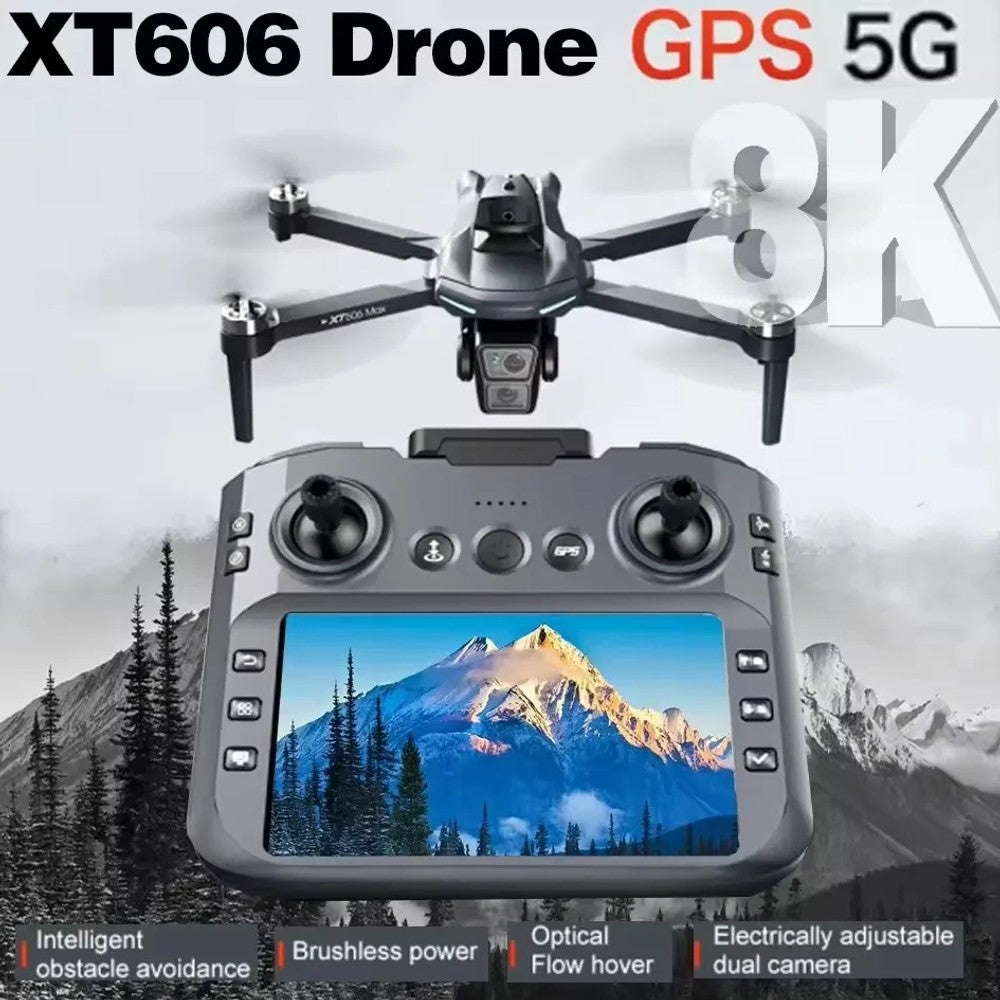 XT606 drone in flight above its built-in screen remote, the maker's picture captioned GPS 5G and 8K, with intelligent obstacle avoidance, brushless power, optical flow hover and electrically adjustable dual camera