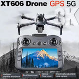 XT606 drone in flight above its built-in screen remote, the maker's picture captioned GPS 5G and 8K, with intelligent obstacle avoidance, brushless power, optical flow hover and electrically adjustable dual camera
