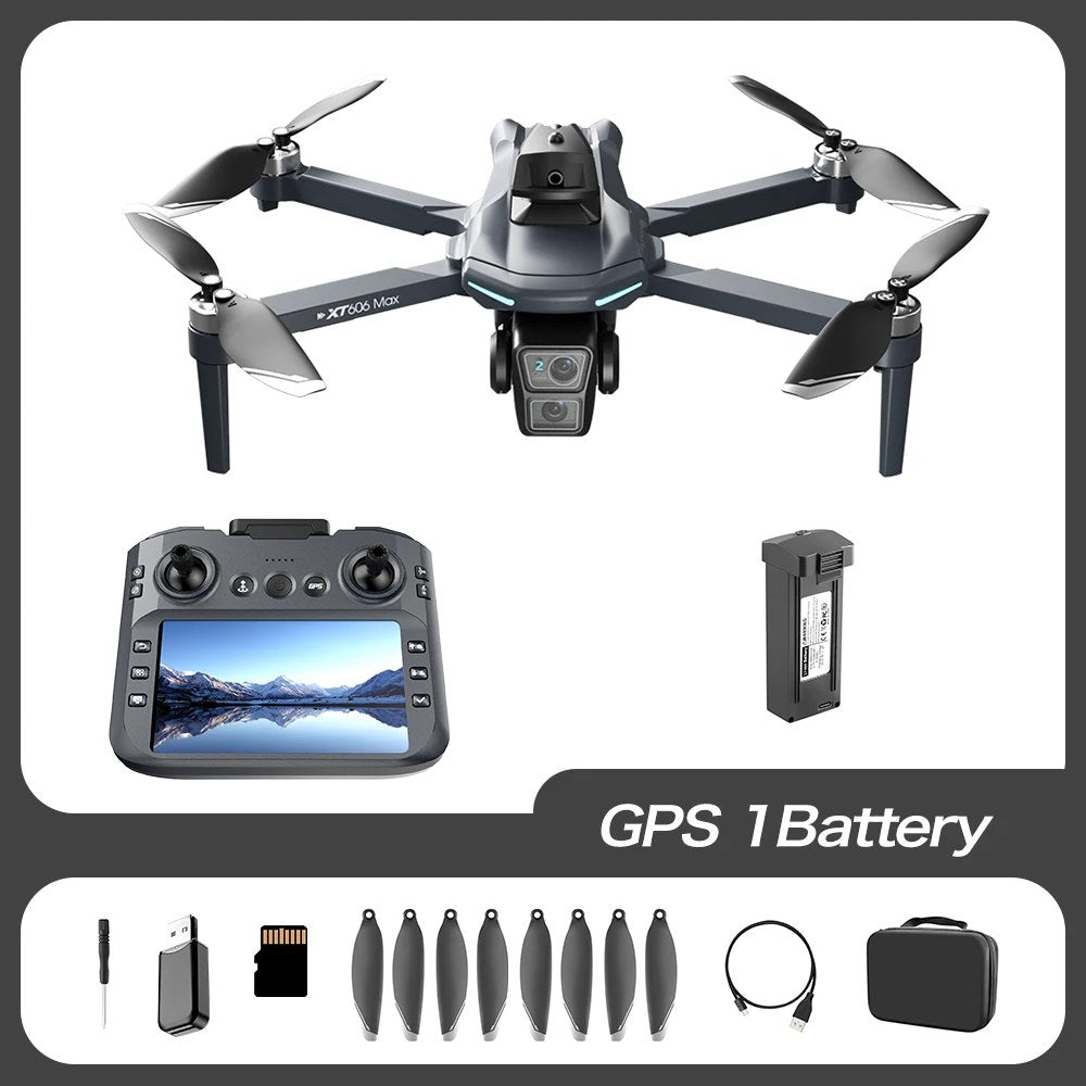 XT606 drone kit with screen remote, one battery, memory card and reader, eight spare propellers, USB lead, screwdriver and carry case