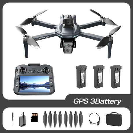 XT606 drone kit with screen remote and three batteries, plus spare propellers, USB lead, screwdriver and carry case