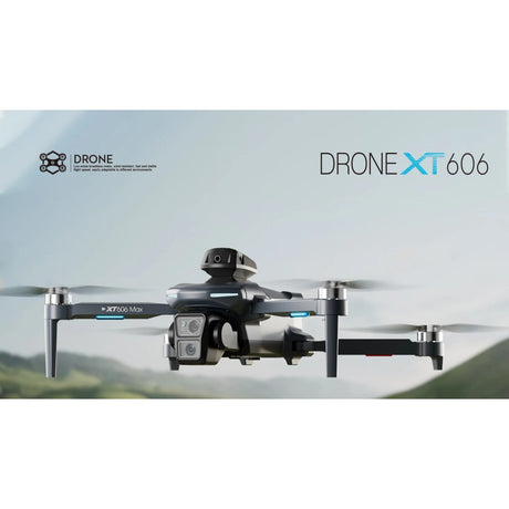 XT606 folding GPS drone in flight with its dual camera on the front
