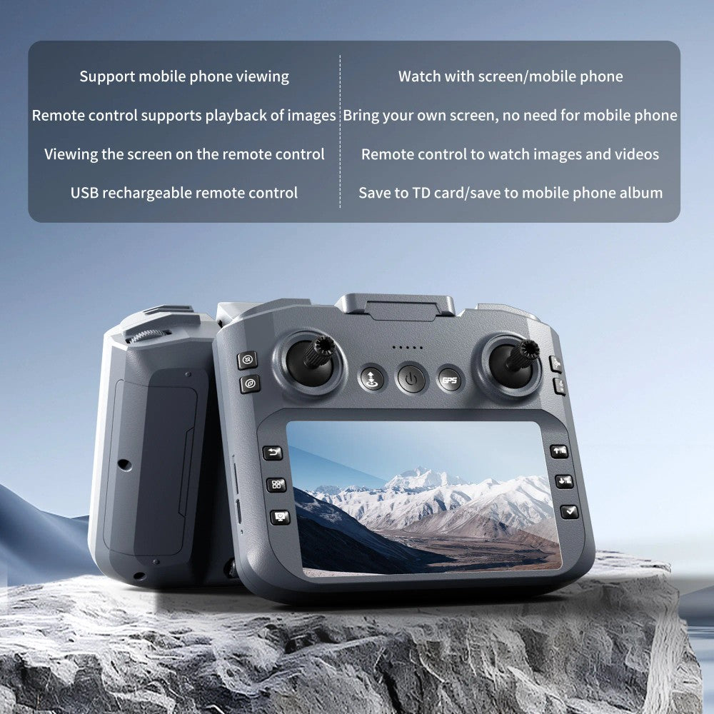 XT606 screen remote control with the maker's list of what it does: live view and playback on its own screen, phone viewing, USB charging, saving to memory card or phone album