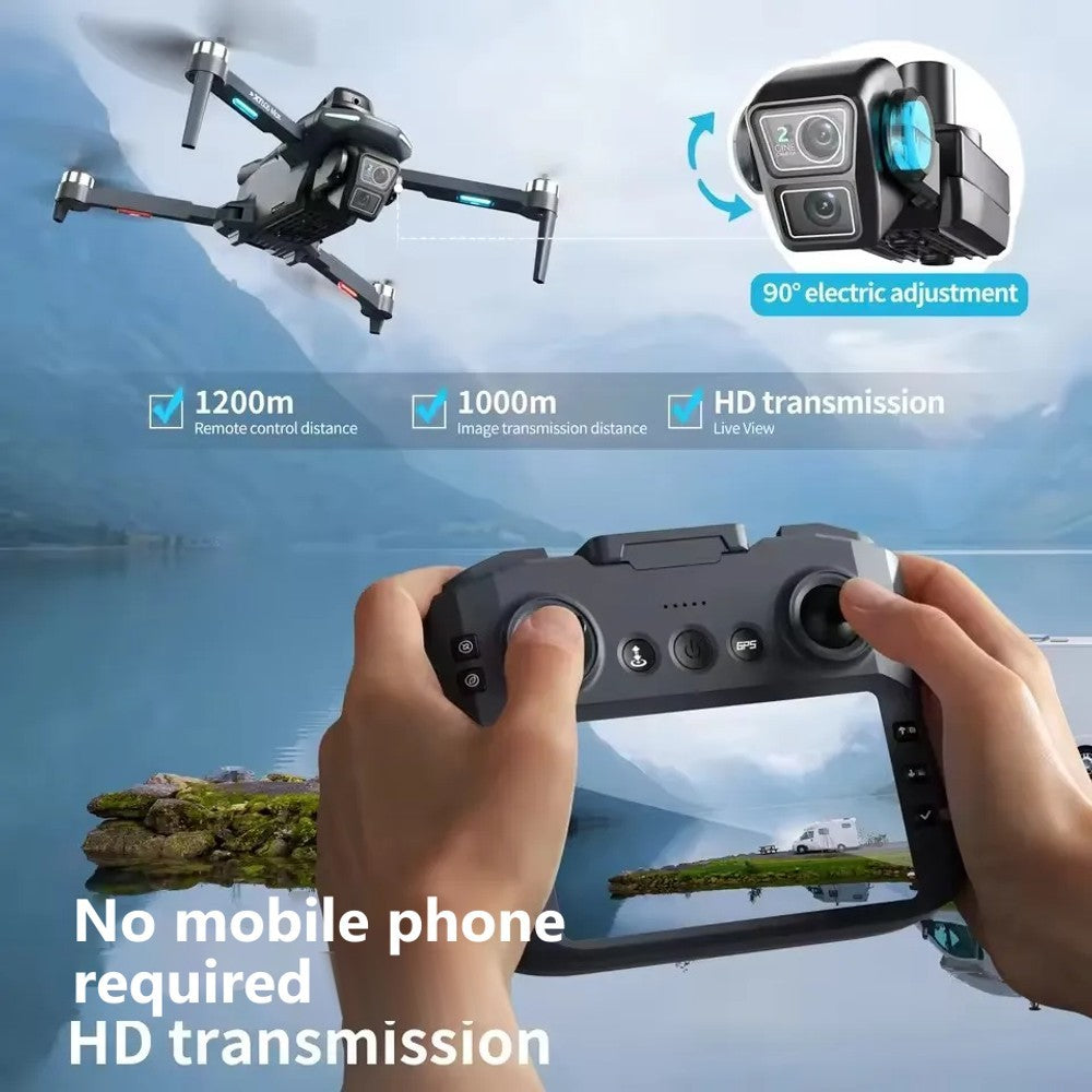 XT606 screen remote held over a lake showing the live view, no mobile phone required; the maker's figures of 1200 m remote control distance and 1000 m image transmission distance, and a front camera that tilts 90° by remote