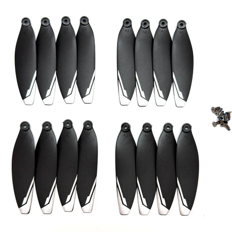 Sixteen black XT606 drone propellers with white tips and their mounting screws