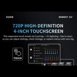 Panel describing the 720p 4-inch touch screen, with the settings menu shown on screen