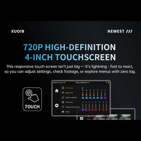 Panel describing the 720p 4-inch touch screen, with the settings menu shown on screen