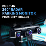 Close-up of the built-in radar module under the front lens that triggers recording while parked