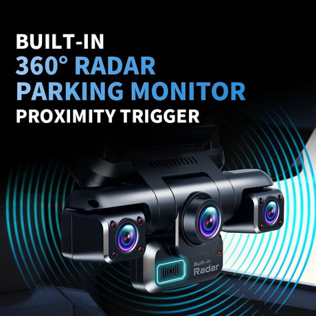 Close-up of the built-in radar module under the front lens that triggers recording while parked