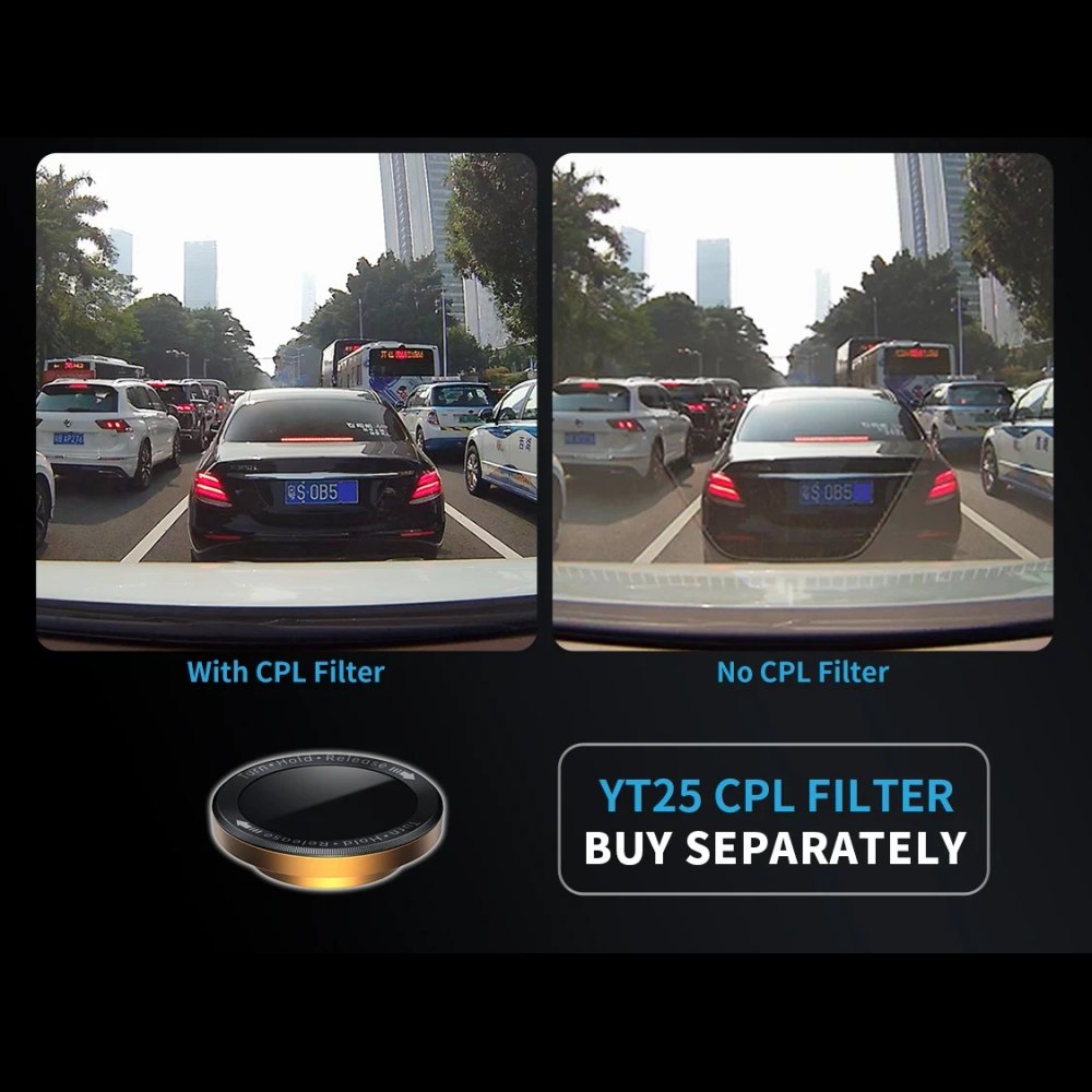 Windscreen footage with and without the YT25 CPL filter, which is sold separately and not in the box