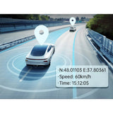 Playback overlay showing GPS coordinates, a speed of 60 km per hour and the time