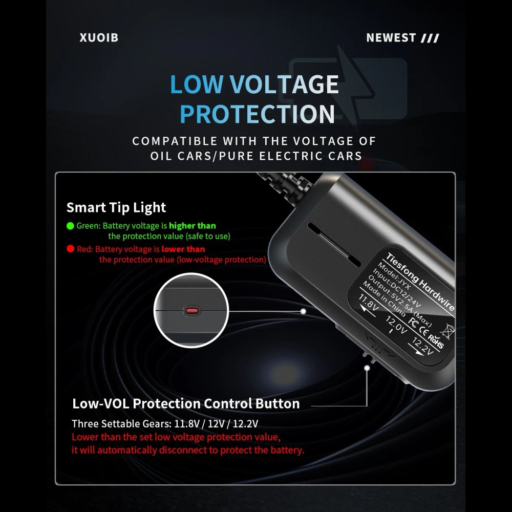 P7 hardwire kit with its low-voltage protection button and the three cutoff settings, 11.8, 12.0 and 12.2 volts