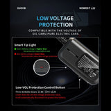 P7 hardwire kit with its low-voltage protection button and the three cutoff settings, 11.8, 12.0 and 12.2 volts