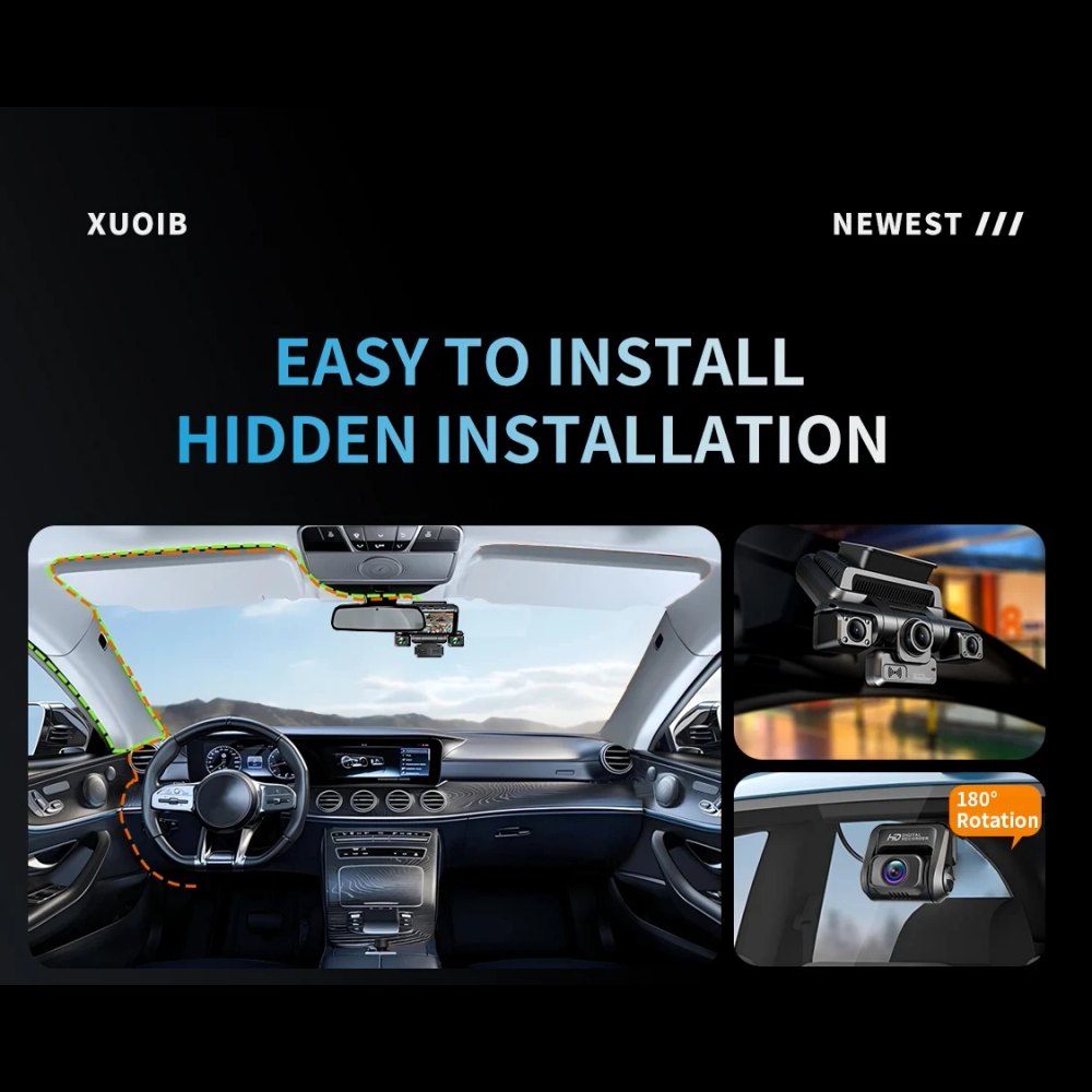 Install panel showing the cable tucked around the headlining and the rear camera rotated 180 degrees