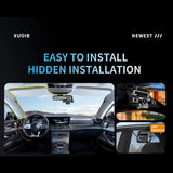 Install panel showing the cable tucked around the headlining and the rear camera rotated 180 degrees