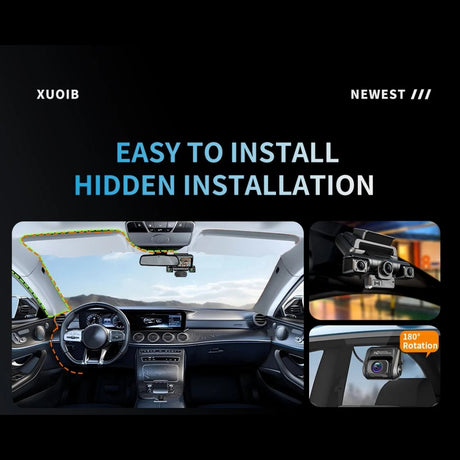 Install panel showing the cable tucked around the headlining and the rear camera rotated 180 degrees