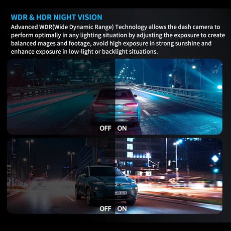 Two night street scenes split into off and on halves to show the WDR and HDR exposure processing