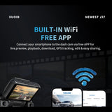 Wi-Fi panel with the dash cam beside a phone running the Viidure app for live view and playback