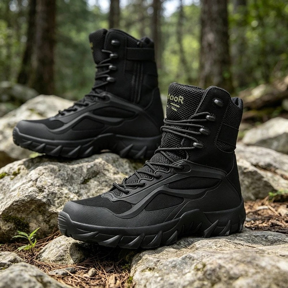 Pair of black high lace-up field boots with mesh panels and lace hooks at the top, standing on rocks in a forest