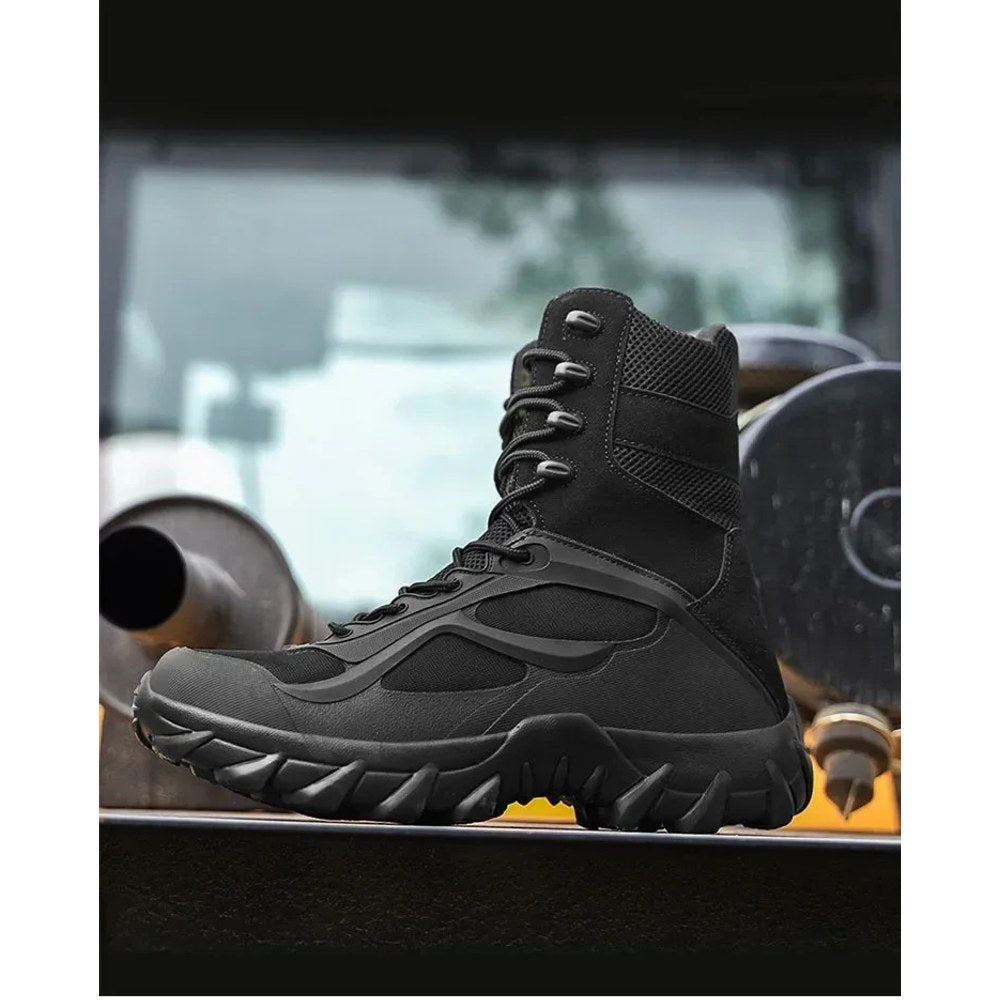 Side profile of one black high lace-up boot showing the mesh panels, lace hooks and lug outsole