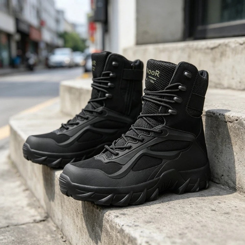 Black high lace-up boots on concrete steps; the back boot shows the inner side of the shaft