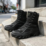Black high lace-up boots on concrete steps; the back boot shows the inner side of the shaft