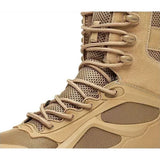 Close-up of the sand boot lacing: round laces through eyelets and lace hooks over a mesh tongue