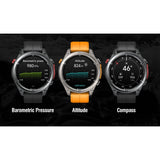 Three Stratos 4 watches showing the barometric pressure, altitude and compass screens