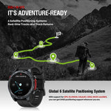 Walker on a hillside with a GPS track line, and the Stratos 4 showing its track-back screen with distance remaining