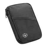 Black zip passport pouch with a diagonal front pocket and a printed RFID Block symbol