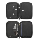 Inside view of the pouch with five numbered pockets, a pen loop and a long zip pocket