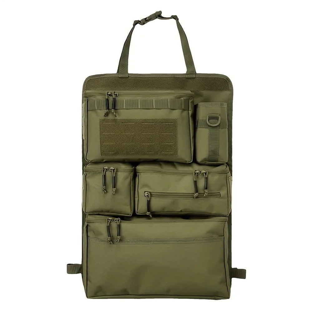 Army green zipped seat back organiser laid flat, showing four zipped pouches and the side bottle sleeve