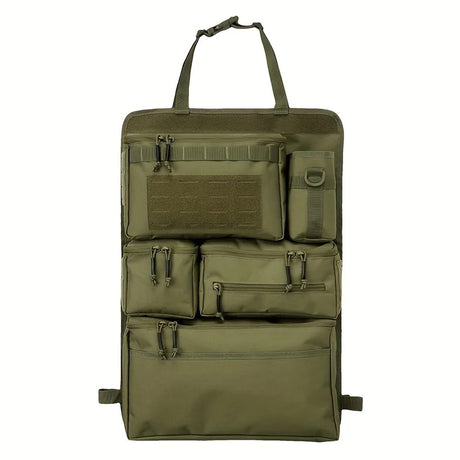 Army green zipped seat back organiser laid flat, showing four zipped pouches and the side bottle sleeve