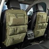 Two army green zipped seat back organisers on the front seats of a car