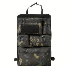 Black camo zipped seat back organiser laid flat, showing four zipped pouches and the side bottle sleeve