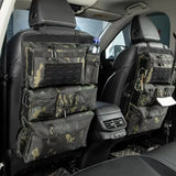 Two black camo zipped seat back organisers hung on the front seats of a car, a water bottle in the side sleeve